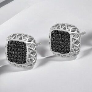 Pavé Black Spinel Square Shaped Earrings in 925 Sterling Silver